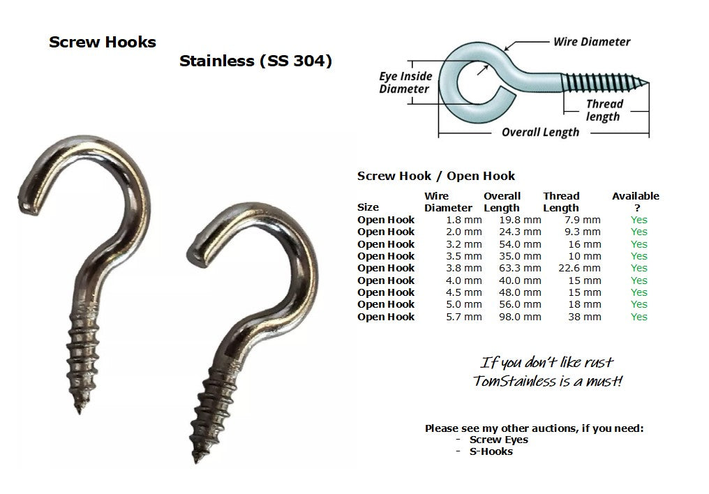 Screw Hook 1.8 x 19.8 mm Stainless Steel (SS304)