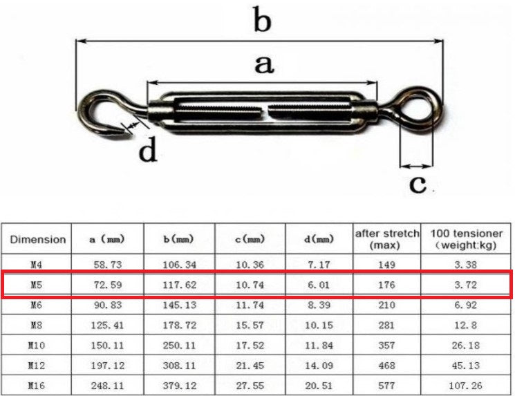 Turnbuckle Eye to Hook size 5 Stainless Steel