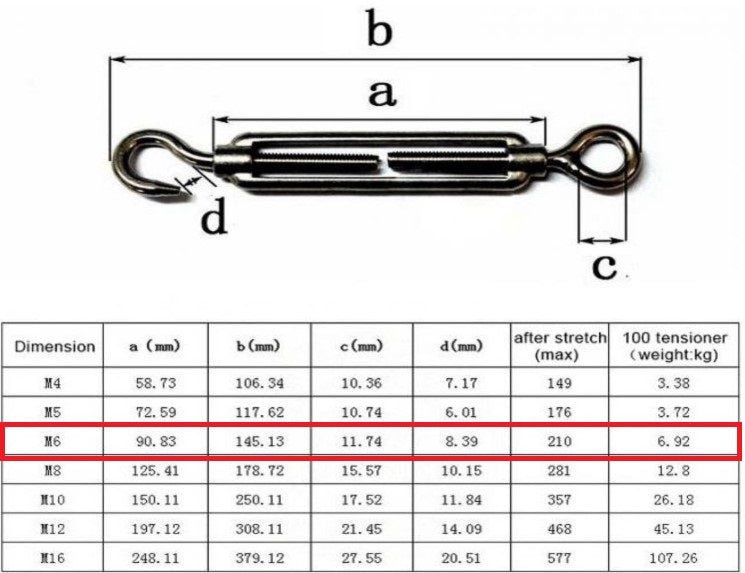 Turnbuckle Eye to Hook size 6 Stainless Steel